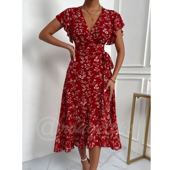 Boho Red Floral V neck Ruffle Hem Midi Dress Wrap Style Short Butterfly Sleeve - Picture 5 of 14